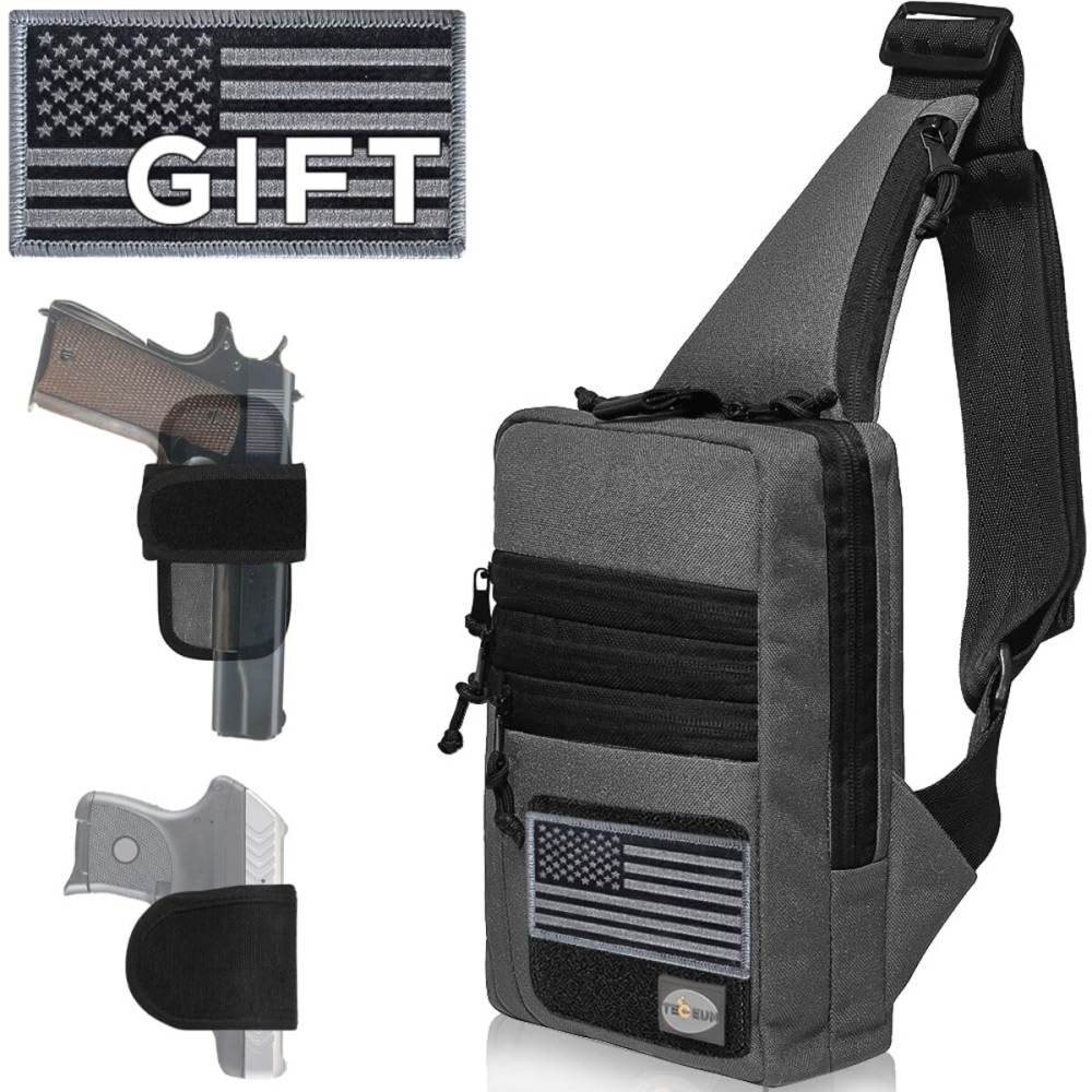 TECEUM Tactical Compact Sling Bag with patch - CCW for Everyday - For R&L Hand - Shoulder Crossbody Bag for Concealed Carry of Handgun - Pack (Gray)