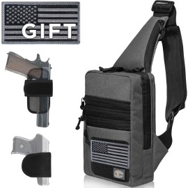 TECEUM Tactical Compact Sling Bag with patch - CCW for Everyday - For R&L Hand - Shoulder Crossbody Bag for Concealed Carry of Handgun - Pack (Gray)