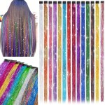 LADYAMZ Clip In Tinsel Hair Extensions 14 Colors, 19.7 Inch Glitter Fairy Hair Tinsel Kit Clips, Sparking Hairpieces Colorful Hair Accessories for Christmas Girls Women Kids Gift Party Highlights