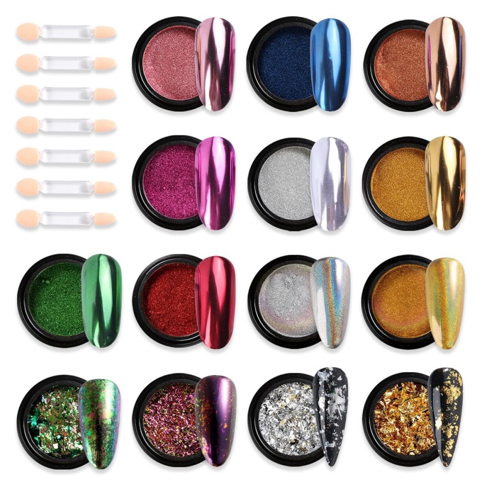 Chrome Nail Powder Set 14 Colors Pink Blue Silver Metallic Effect Mirror Powder for Nails with Brushes Holographic Pigment Chameleon Flakes for Nails Gold Leaf Decoration Nail Supplies