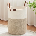 VIPOSCO Tall Laundry Basket, Large Dirty Clothes Hamper with Leather Handle, Woven Rope Storage Basket for Blanket, Toy In Living Room, Bathroom, Bedroom - 100L White & Brown
