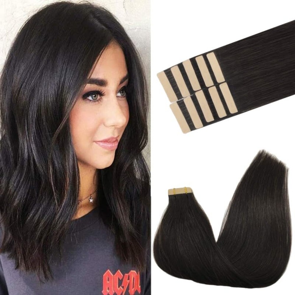 GOO GOO Tape in Hair Extensions Human Hair, 1B Natural black, 18inch 25g 10pcs, Skin Weft Seamless Invisible, Silky Straight with Thick Ends, Remy Human Hair