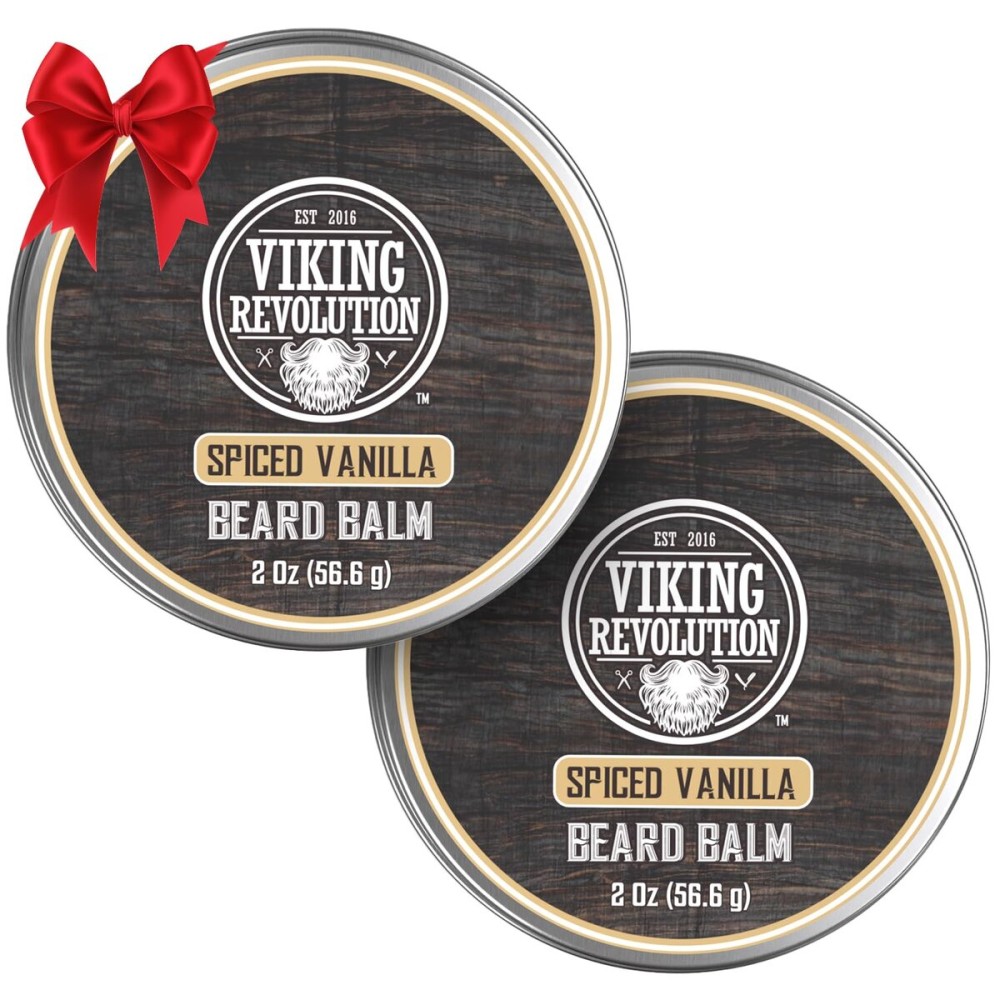 Viking Revolution Spiced Vanilla Beard Balm - Beard Butter with Argan Oil, Beard Softener for Men with Jojoba Oil - Beard Moisturizer for Men with Beeswax - Beard Wax for Men (2oz, 2 Pack)