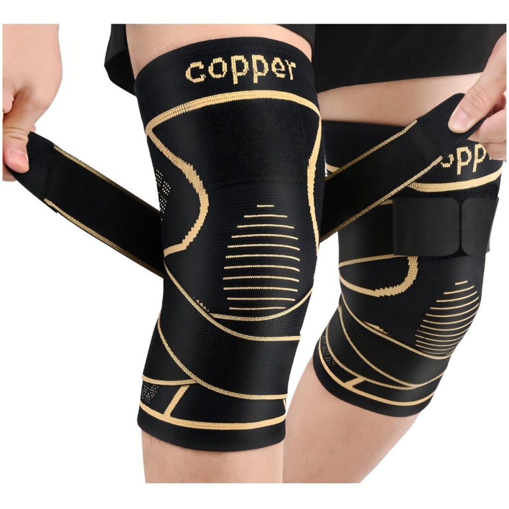 JHVW Copper Knee Brace for Women Men 2-Pack, Knee Compression Sleeve with Straps, Knee Braces for Knee Pain, Knee Support for Running Working