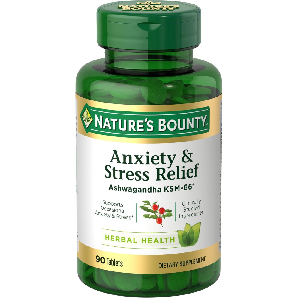Nature\'s Bounty Stress Relief, Ashwagandha KSM-66, Supports Occasional Stress Relief, Dietary Supplement, 2 Tablets per Day, Vegetarian Tablets, Gluten Free, 90 Ct