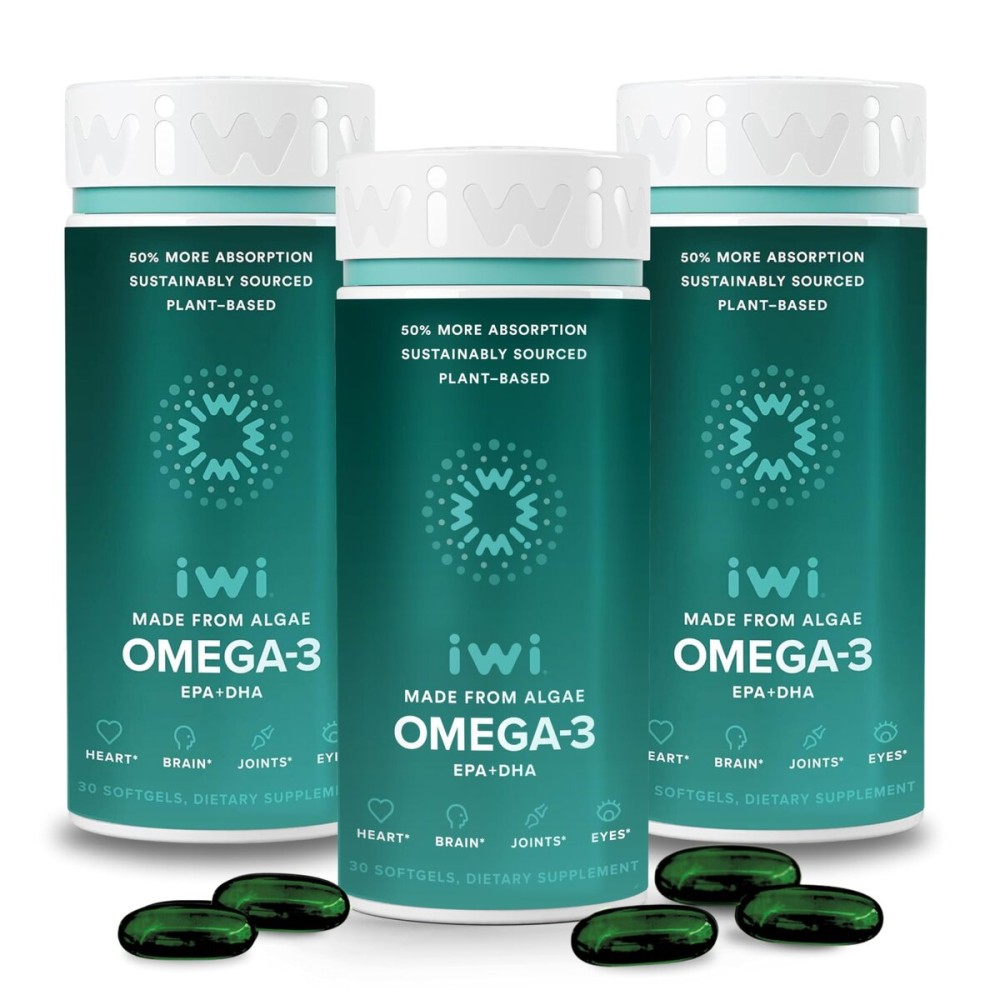 Iwi Omega-3, 90 Softgels (90 Servings), Vegan Plant-Based Algae Omega 3 with EPA + DHA, Whole-Body Support Dietary Supplement, Krill & Fish Oil Alternative, No Fishy Aftertaste