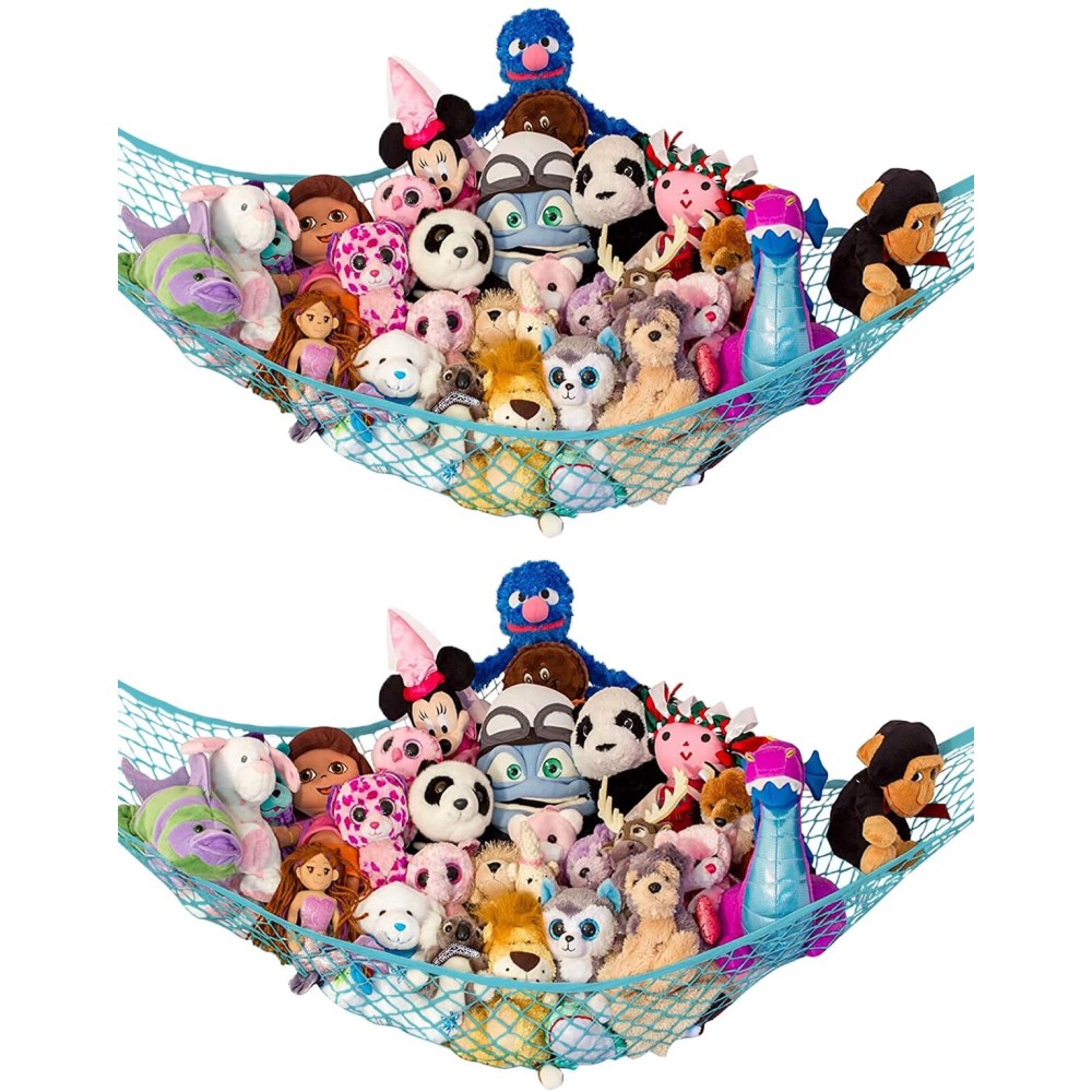 Lilly\'s Love Stuffed Animal Hammock | Corner Hanging Organizer, Toy Storage, Stuffed Animal Storage Net | Made from Quality Fishing Net, Holds 12lbs | 67x47x47 (Light Blue, 2 Pack)