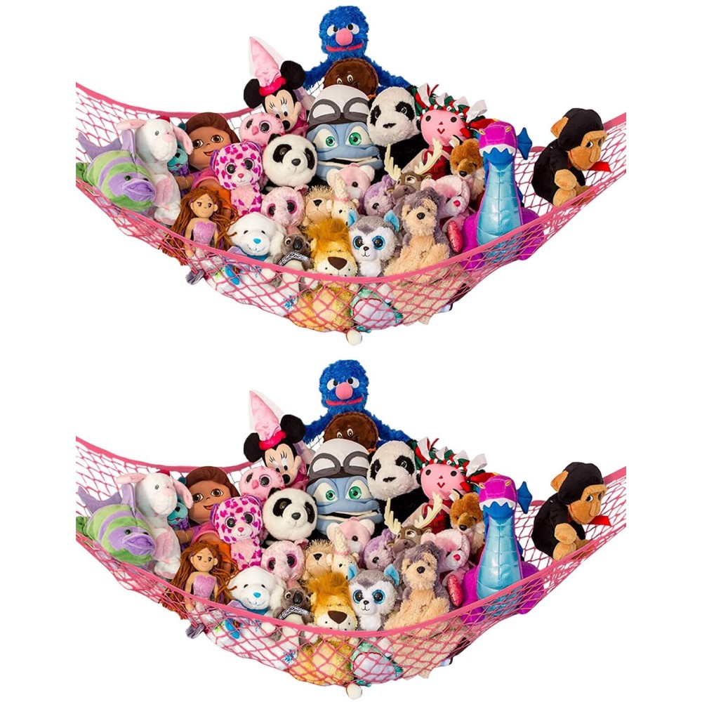 Lilly\'s Love Stuffed Animal Hammock | Corner Hanging Organizer, Toy Storage, Stuffed Animal Storage Net | Made from Quality Fishing Net, Holds 12lbs | 67x47x47 (Coral, 2 Pack)