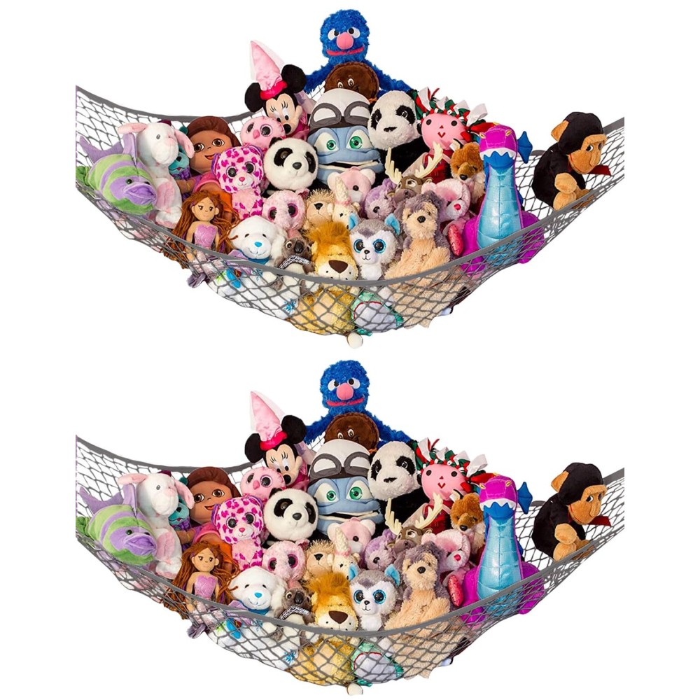 Lilly\'s Love Stuffed Animal Hammock | Corner Hanging Organizer, Toy Storage, Stuffed Animal Storage Net | Made from Quality Fishing Net, Holds 12lbs | 67x47x47 (Gray, 2 Pack)