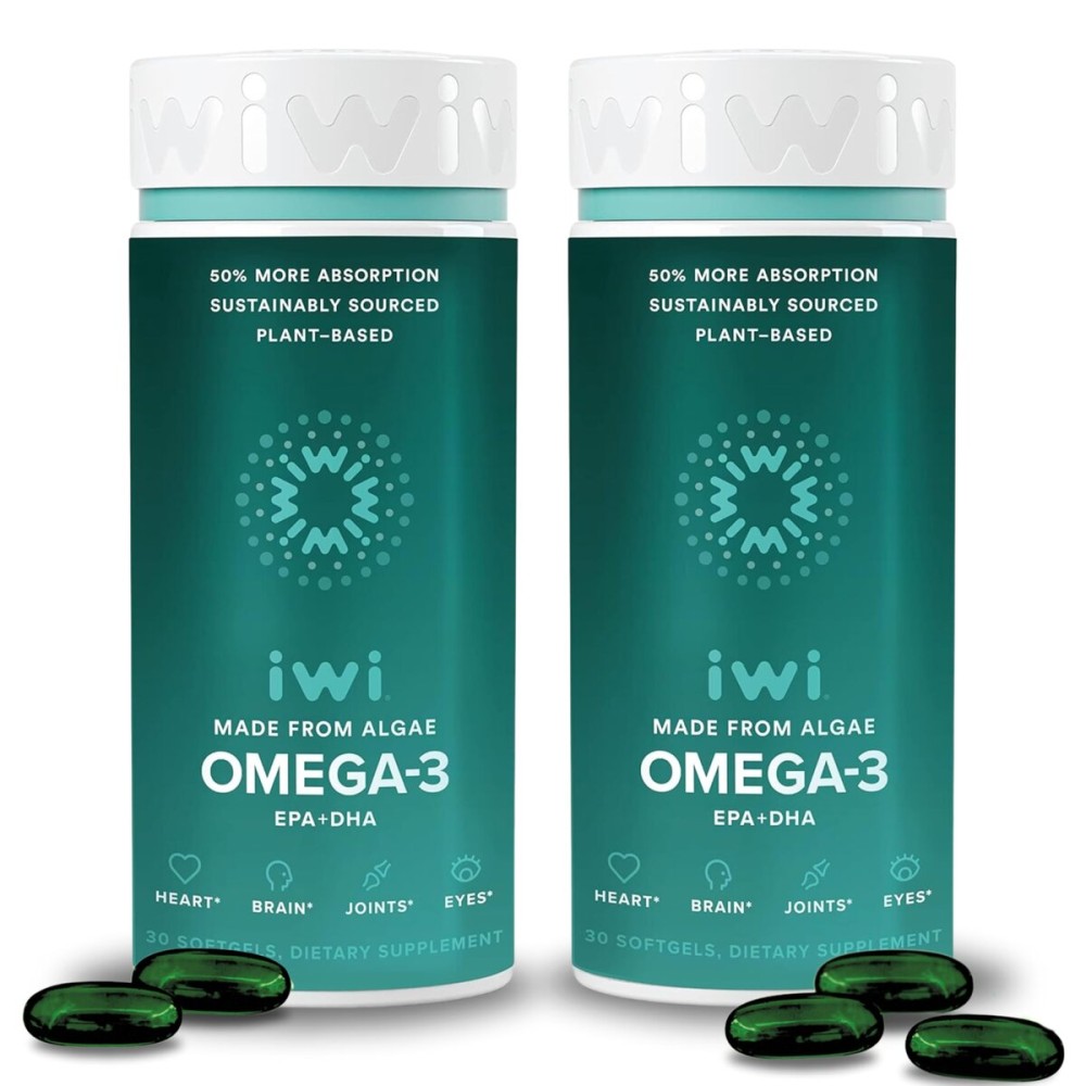 Iwi Omega-3, 60 Softgels (60 Servings), Vegan Plant-Based Algae Omega 3 with EPA + DHA, Whole-Body Support Dietary Supplement, Krill & Fish Oil Alternative, No Fishy Aftertaste