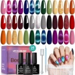Beetles Winter Gel Nail Polish 20 Winter Colors Cat Eye Gel Polish Set Gift Spree Burgundy Red Purple with Magnet Pen Base Top Coat DIY Salon Manicured Soak Off UV LED Gifts for Women Gemstone Party