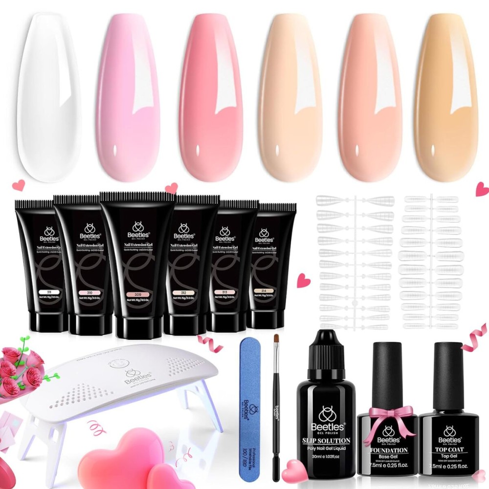 Beetles Nude Pink Poly Nail Extension Gel Kit, 6 Colors Sheer Pink, Brown, Jelly UV Gel Base & Top Coat All In One Set