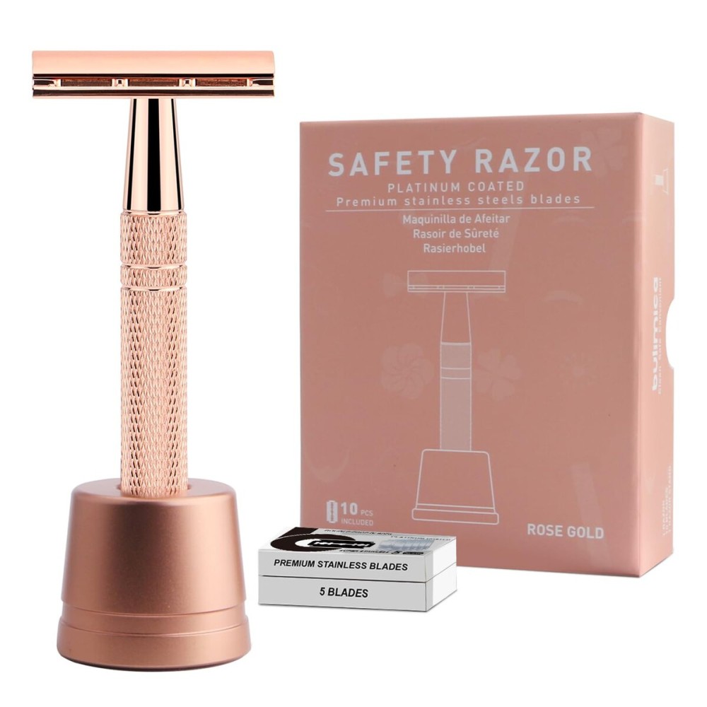 Double Edge Safety Razor with Stand, Reusable Metal Single Blade Razors for Men and Women, with 10 Platinum Coated Double Edge Safety Razor Blades, Women\'s Safety Shaving Razors, Rose Gold