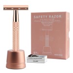 Double Edge Safety Razor with Stand, Reusable Metal Single Blade Razors for Men and Women, with 10 Platinum Coated Double Edge Safety Razor Blades, Women\'s Safety Shaving Razors, Rose Gold