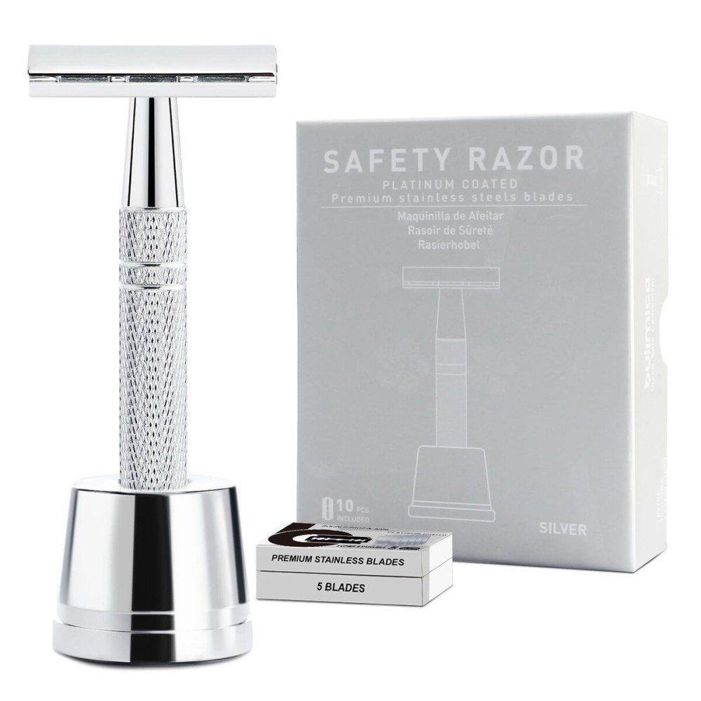 Double Edge Safety Razor with Stand, Single Blade Razors for Men and Women, Metal 1 Blade Razor, with 10 Platinum Coated Stainless Steel Double Edge Blades, Smooth and Close Shave, Silver