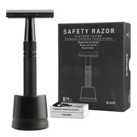 Double Edge Safety Razor with Stand, Single Blade Razors for Men and Women, Reusable Metal Razor, with 10 Stainless Steel Double Edge Blades, Smooth and Close Shave, Plastic Free, Matte Black