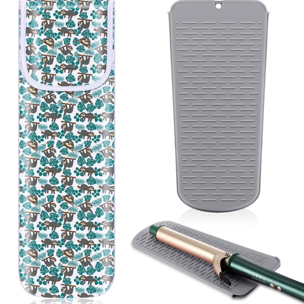 Shappy 2 Pieces Curling Iron Travel Case Cover Heat Resistant Flat Iron Holder Case Sleeve Neoprene Straightener Holder and Silicone Hot Tools Flat Bag(Sloth Style)