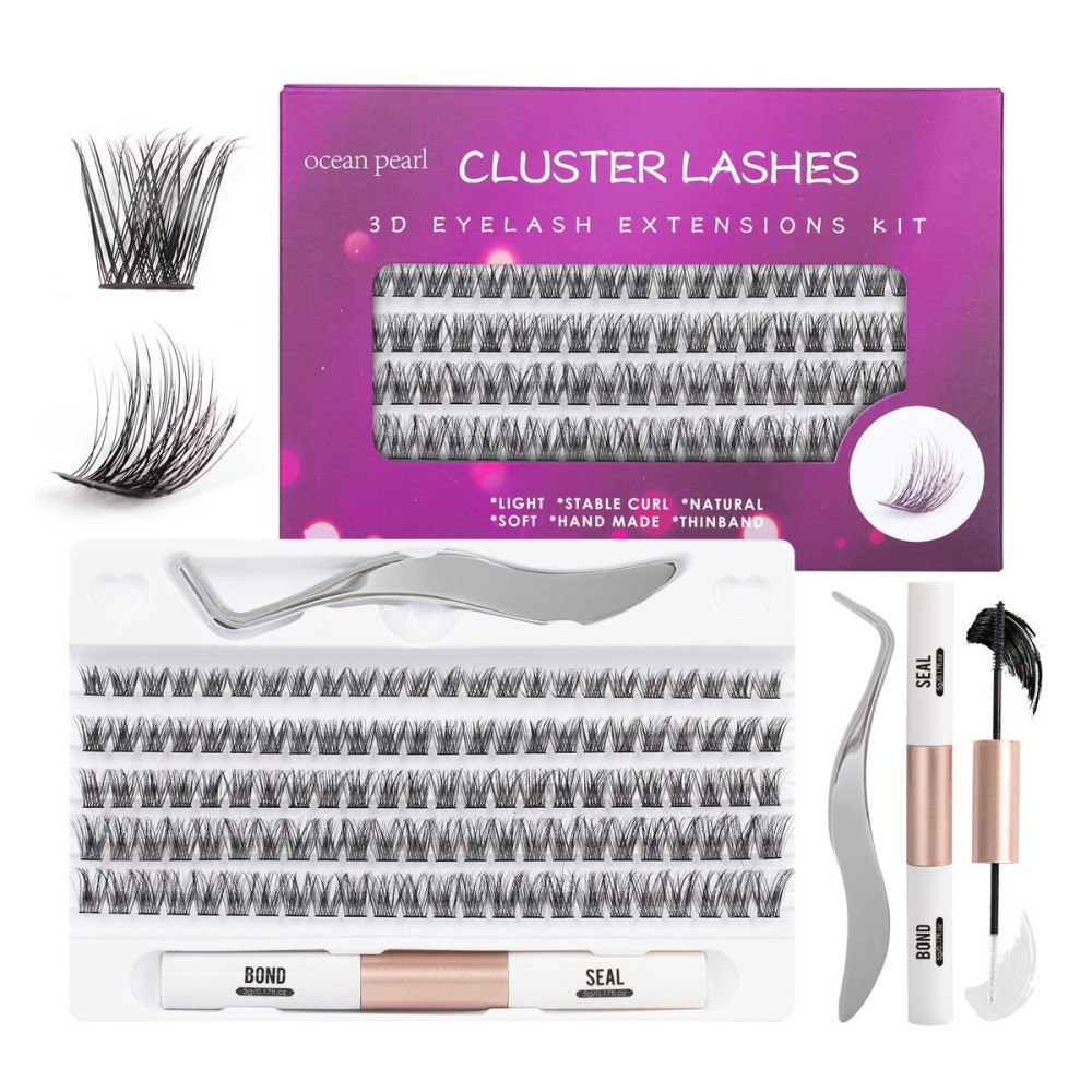 Individual Lashes 120 Cluster Lashes DIY Eyelash Extension Thin Band Wide Stem Lash Clusters with Applicator and Lash Bond and Seal Lash Extension Kit Mix 10-16mm Length C/D-OP17