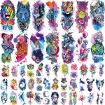 JEEFONNA 86 Sheets Temporary Tattoo, 14 Sheets Large Half Arm Fake Flower Cat Owl Lion Tattoos, 72 Sheets Tiny Waterproof Semi Permanent Temporary Tattoos Realistic for Women Girls Kids Adults
