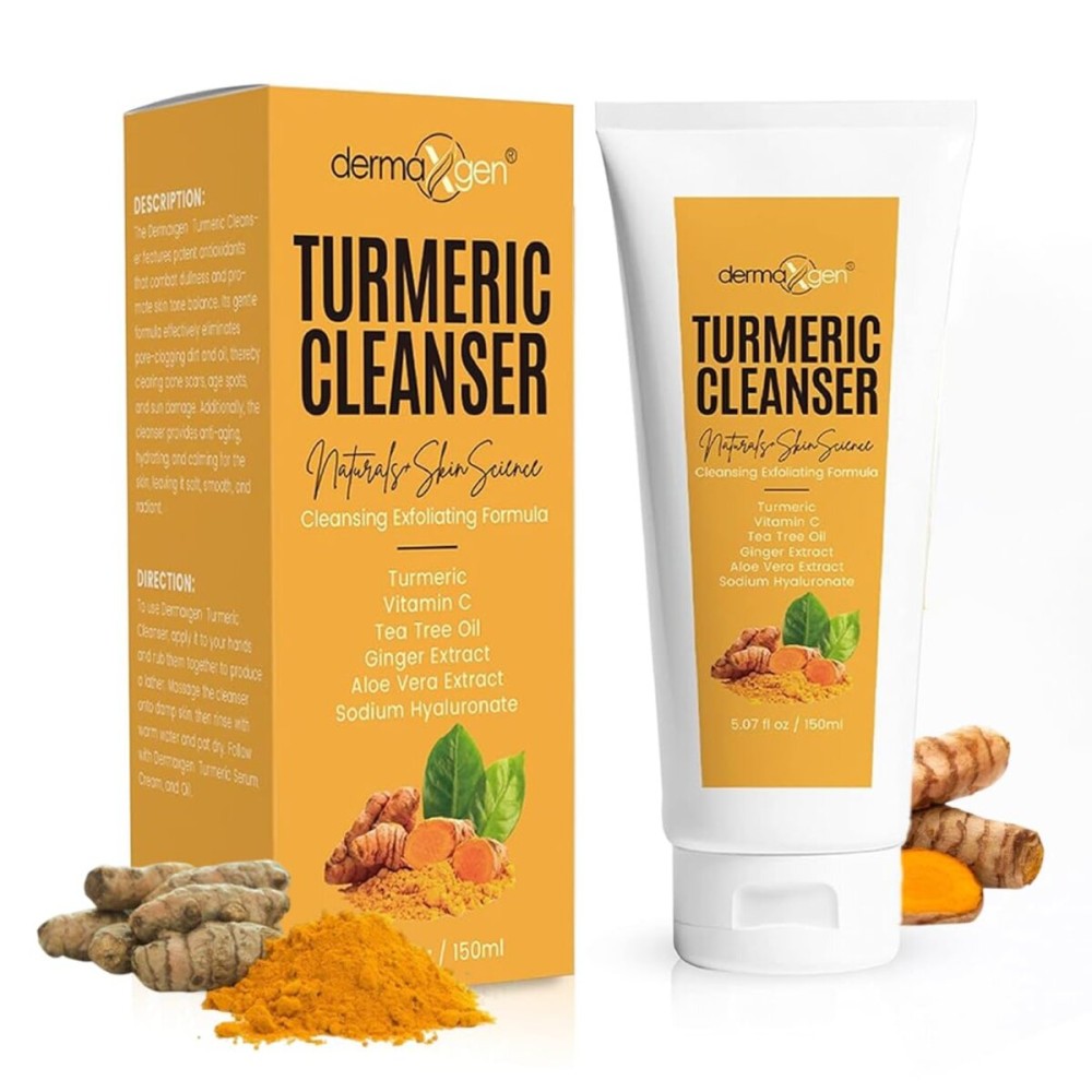 DERMAXGEN Turmeric Facial Cleanser - Natural Anti-Aging Exfoliating Turmeric Face Wash for Glowing Skin - Helps Clear Acne Scars, Dark Spots, Sun Damage & Discoloration - 5 oz