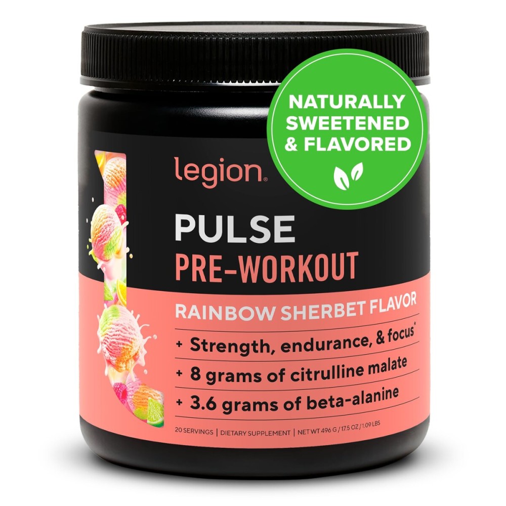 LEGION Pulse Pre Workout - All Natural Nitric Oxide Preworkout Drink to Boost Energy, Creatine Free, Naturally Sweetened, Beta Alanine, Citrulline, Alpha GPC (Rainbow Sherbet)