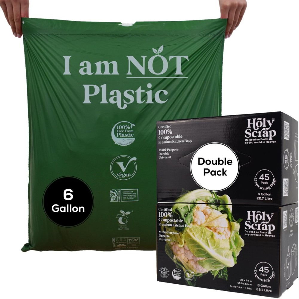 HOLY SCRAP! Medium Compostable Drawstring Trash Bags - 6-8 Gallon, 90 Pack | Plastic-Free Kitchen & Bathroom Garbage Bags with Drawstring Handles | Thick Bin Bag Liners for Green & Food Waste