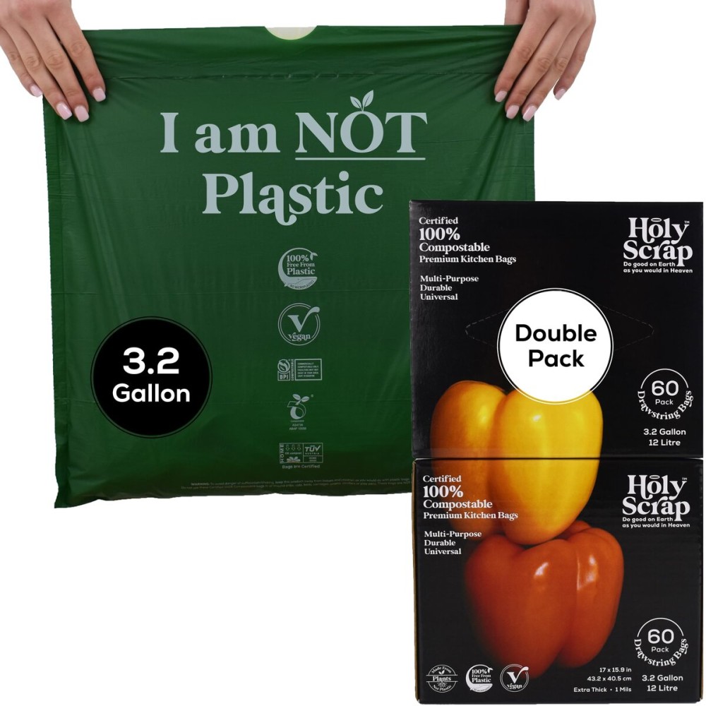 HOLY SCRAP! 100% Compostable Trash Bags 3.2 Gallon - 120 Pack - Small Drawstring Compost Bags, Eco Friendly Food Scraps Recycling Bag for Kitchen Waste Bin - BPI Certified, OK Compost Home