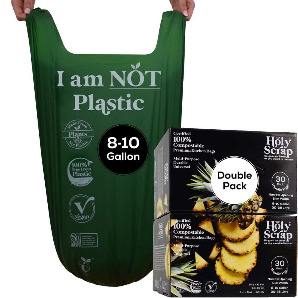 HOLY SCRAP! Large Slim Compostable Trash Bags - 8-10 Gallon, 60 Pack | Plastic-Free Tall Kitchen Garbage Bags & Liners with Easy-Tie Handles | Thick Bin Bag Liners for Green & Food Waste