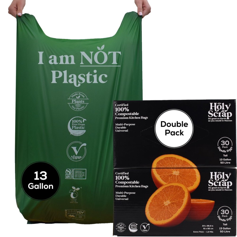 HOLY SCRAP! Extra Large Compostable Trash Bags - 13 Gallon, 60 Pack | Plastic-Free & Decomposing Tall Kitchen Garbage Bags & Liners with Easy-Tie Handles | Thick Bin Bags for Green & Food Waste