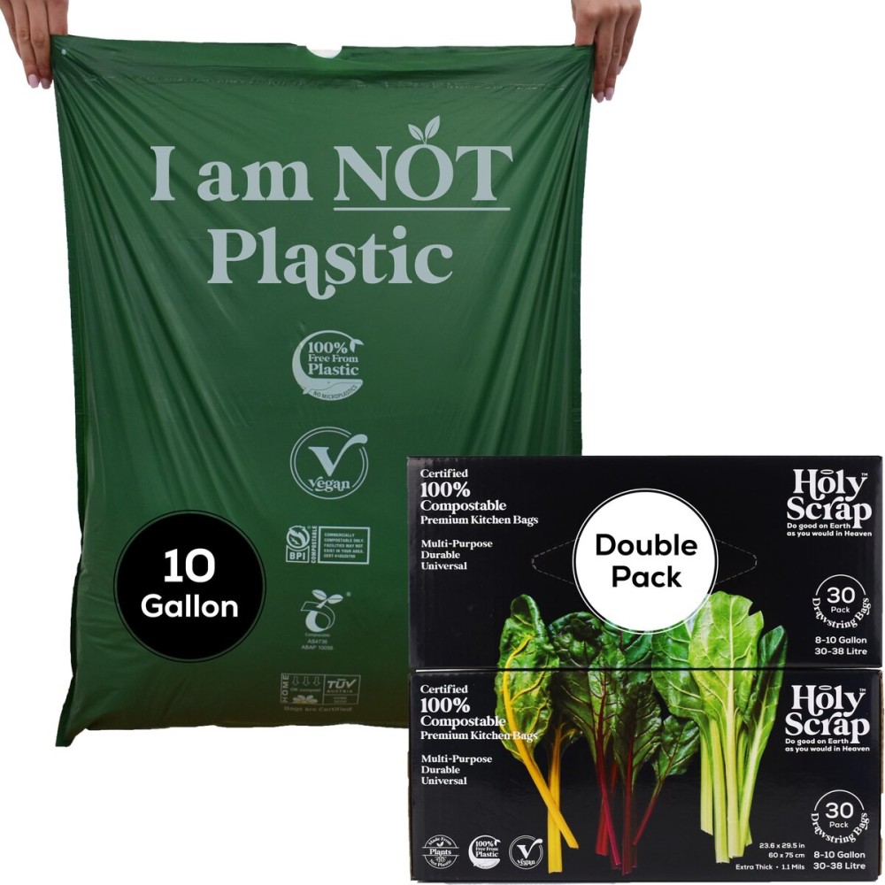 HOLY SCRAP! Large Compostable Drawstring Trash Bags - 8-10 Gallon, 60 Pack | Plastic-Free Kitchen & Bathroom Garbage Bags with Drawstring Handles | Thick Bin Bag Liners for Green & Food Waste