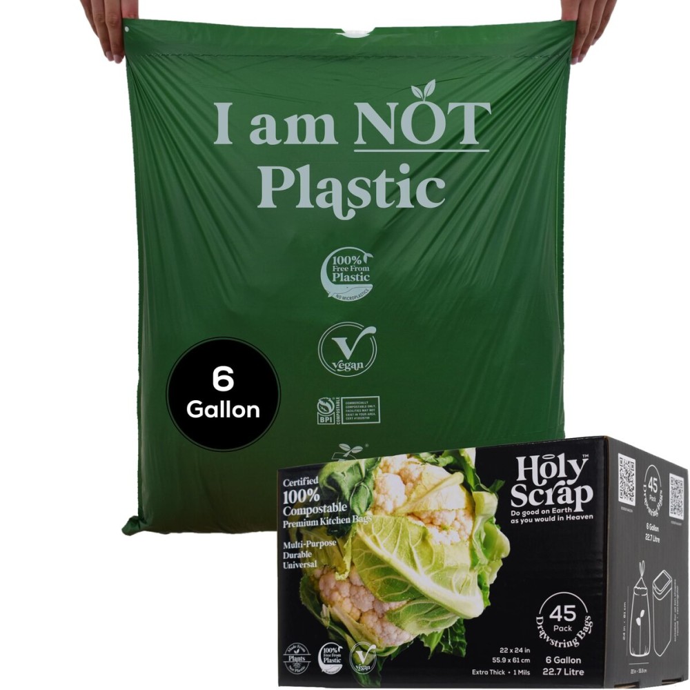 HOLY SCRAP! Medium Compostable Drawstring Trash Bags - 6-8 Gallon, 45 Pack | Plastic-Free Kitchen & Bathroom Garbage Bags with Drawstring Handles | Thick Bin Bag Liners for Green & Food Waste