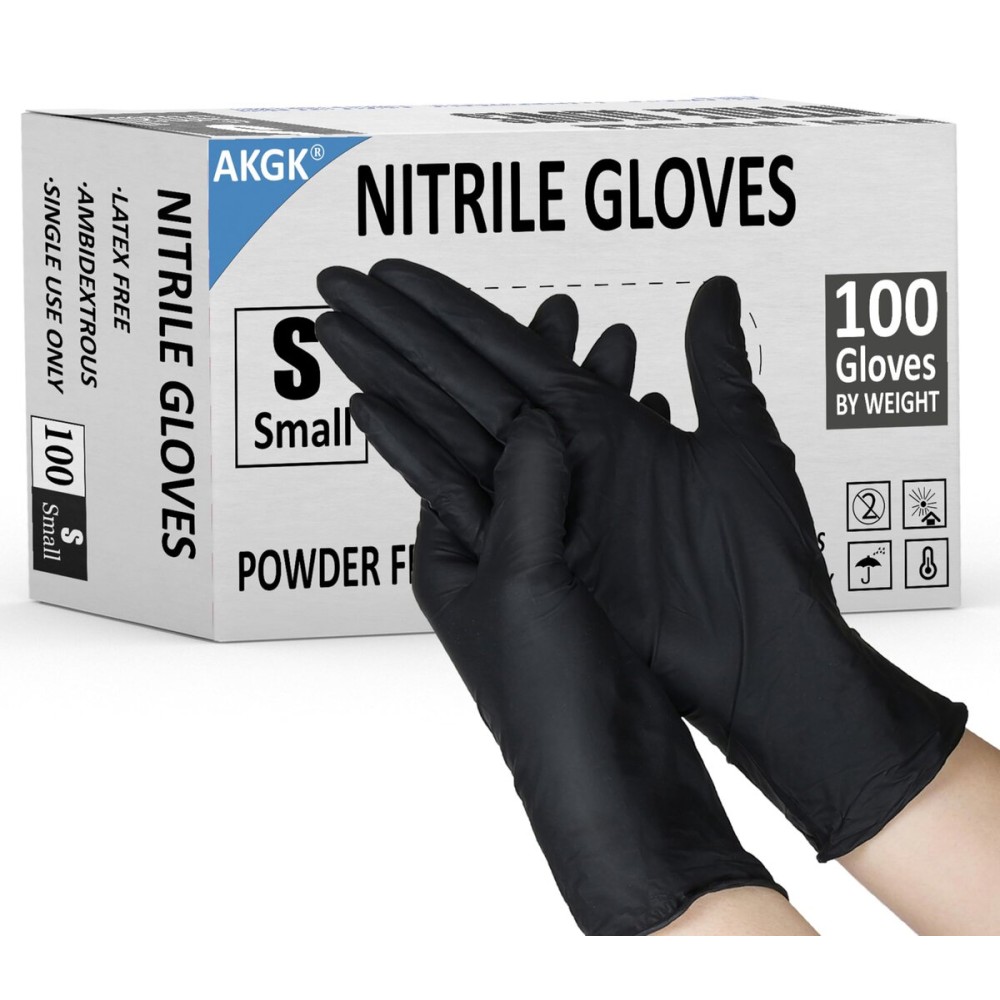 akgk Nitrile Gloves, 100 Pcs Disposable Black Nitrile Gloves Small, Cleaning Gloves for Cooking, Household & More, Powder-Free, Latex-Free