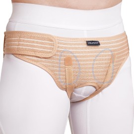 VELPEAU Hernia Belt for Men & Women - Bilateral/Double Inguinal, Groin Hernia Support Truss Underwear Briefs, Pain Relief Recovery Adjustable Strap with 2 Removable Medical Compression Pads (Khaki, L)