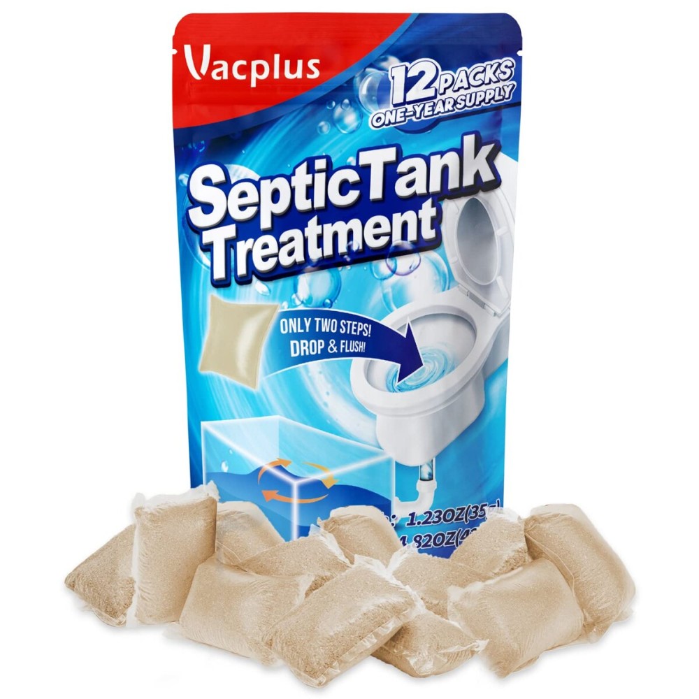 Vacplus Septic Tank Treatment 12 Pcs for 1-Year Supply, Dissolvable Packs with Easy Operation, Durable Biodegradable Enzymes for Wastes, Greases & Odors, Brown, 3x Efficiency