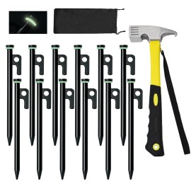 12 Pack Tent Stake with Hammer, 8in Heavy Duty Tent Stakes + 10in Camping Hammer+Storage Pouch, Forged Steel Stakes for Camping Used on Rocks