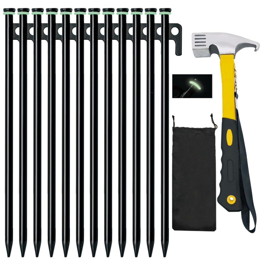 12 Pack Tent Stake with Hammer, 16in Heavy Duty Tent Stakes + 10in Camping Hammer+Storage Pouch, Forged Steel Tent Stakes for Camping Used on Rocks(12 Pack 16in Stakes+Hammer