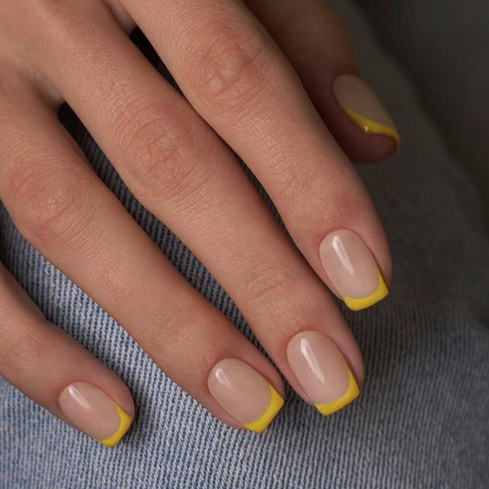 Yellow French Tip Press on Nails Short Square Nails Press ons French Tip Glue on Nails for Women DIY Acrylic French Nails Short Gel Nails, Natural Thick Extra Short French Fake Nails 24Pcs 12 Sizes