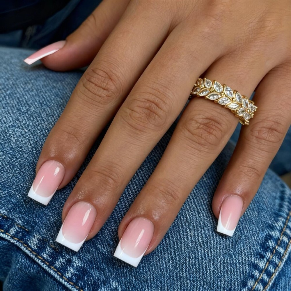 White French Tip Press on Nails Medium Short Square Nails Press ons French Tip Glue on Nails for Women DIY Acrylic French Nails Short Gel Nails, Natural Thick French Fake Nails 30Pcs 15 Sizes