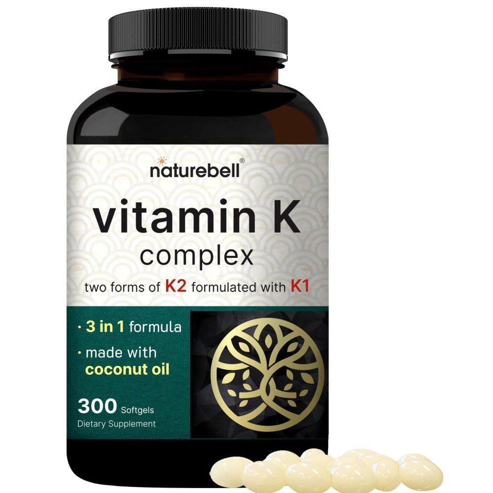 NatureBell Vitamin K Complex, K1 + K2 (MK-7 & MK-4) 2,600mcg Per Serving, 300 Coconut Oil Softgels | Max Absorption - Full Spectrum K Vitamins Supplement | Heart & Bone Support | Non-GMO