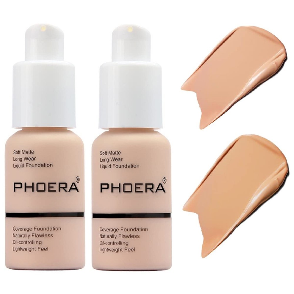 2 Pack PHOERA Foundation,Matte Oil Control Concealer Cream,PHOERA Long Lasting Waterproof Matte Liquid Foundation for Women Girls (103 Warm Peach +104 Buff Beige)