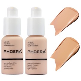 2 Pack PHOERA Foundation,Matte Oil Control Concealer Cream,PHOERA Long Lasting Waterproof Matte Liquid Foundation for Women Girls (103 Warm Peach +104 Buff Beige)