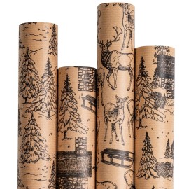 RUSPEPA Christmas Wrapping Paper - Black Sketch Design - 4 Rolls - 30 Inches x 10 Feet Per Roll