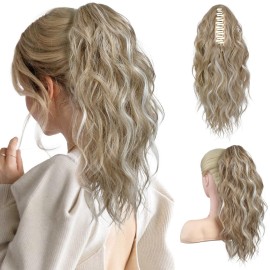 FLUFYMOOZ Ponytail Extension, 18 Inch Claw Clip Ponytail Extension, Wavy Curly Claw Clip in Ponytail Hair Extensions, Fake Ponytail Synthetic Hairpiece for Women (Blonde with White Blonde Highlights)