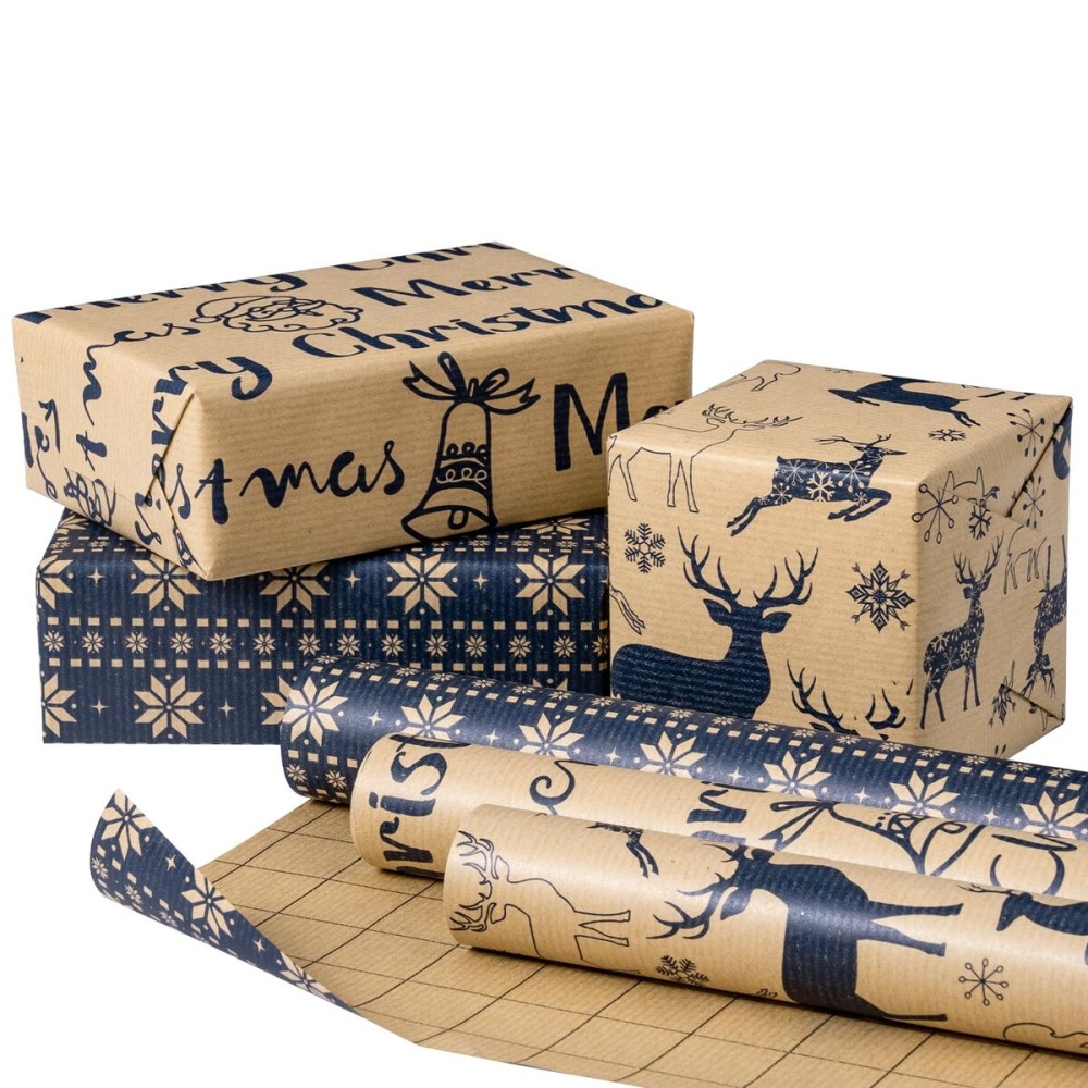 RUSPEPA Christmas Wrapping Paper Rolls - Mini Roll - 17 inches x 10 feet per Roll, Total of 3 Rolls - Reindeer and Snowflake