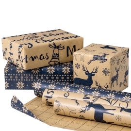 RUSPEPA Christmas Wrapping Paper Rolls - Mini Roll - 17 inches x 10 feet per Roll, Total of 3 Rolls - Reindeer and Snowflake
