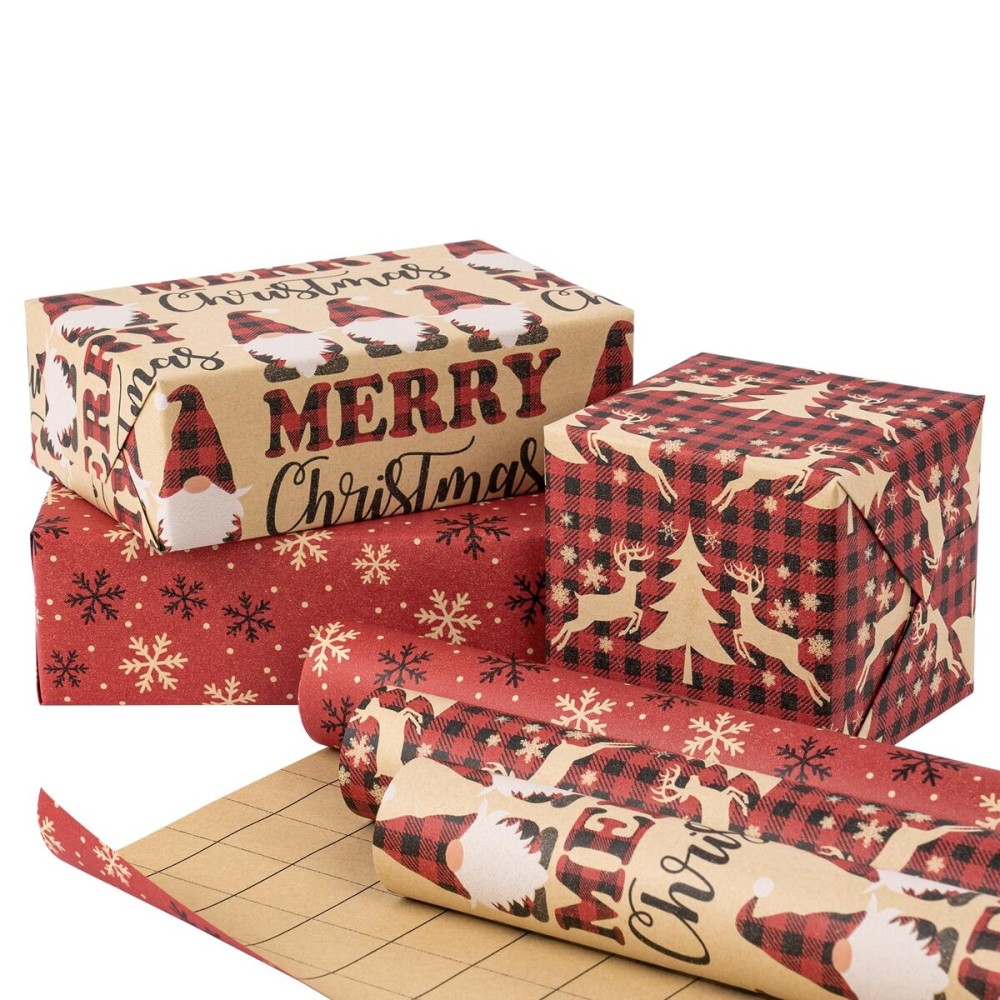 RUSPEPA Christmas Wrapping Paper Rolls - 17 inches x 10 feet per Roll, Total of 3 Rolls - Santa Claus, Reindeer and Snowflake