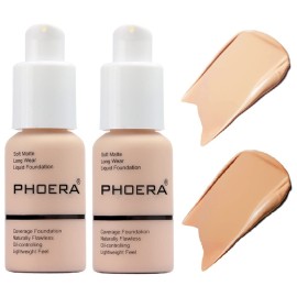 2 Pack PHOERA Foundation,Concealer Foundation Full Coverage,Flawless 24HR Matte Oil Control Concealer (102 Nude+104 Buff Beige)