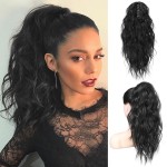 FLUFYMOOZ Ponytail Extension, 18 Inch Claw Clip Ponytail Extension, Wavy Curly Claw Clip in Ponytail Hair Extensions, Natural Fake Ponytail Synthetic Hairpiece for Women (Natural Black)