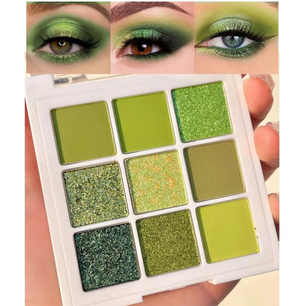 evpct 9 Colors Green Glitter Eyeshadow Palette, Light Dark Emerald Avocado Neon Green Glitter Metallic Shimmer Sparkly Eye Shadow Palette Makeup for Older Women Blue Eyes, Highly Pigmented Eyeshadow