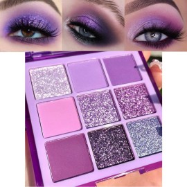 evpct 9 Colors Purple Glitter Eyeshadow Palette, Lavender Violet Purple Pink Glitter Metallic Shimmer Sparkly Eye Shadow Palette Makeup for Older Women Blue Eyes, Waterproof Highly Pigmented Eyeshadow